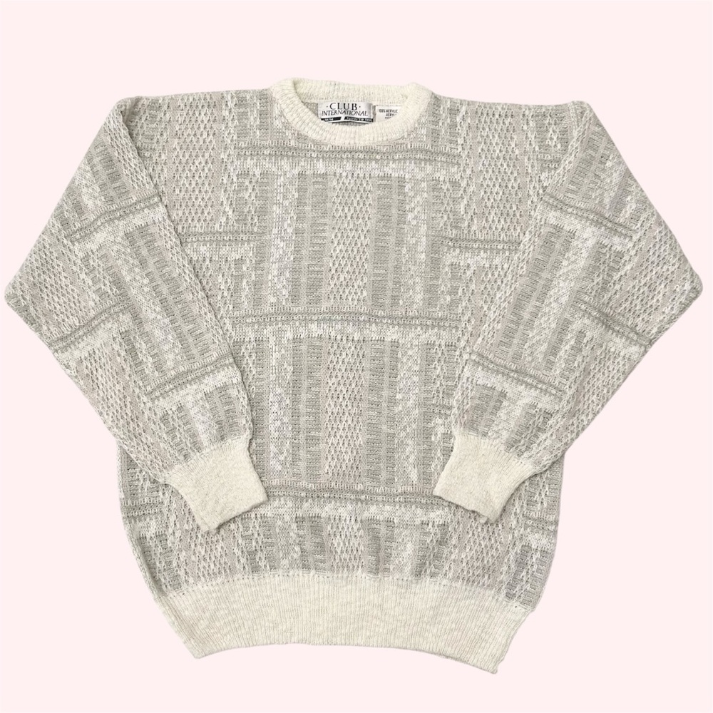 Vintage 90s Club International Knit Crewneck Sweater Geometric Pattern Medium